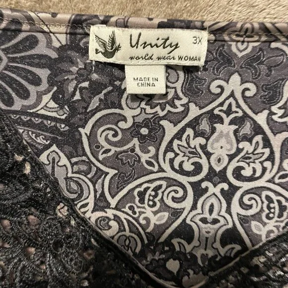 Unity World Wear Womens Black Lace VNeck 3/4 Sleeve Velvet Velour Blouse Size 3X - Picture 2 of 9